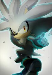  1boy absurdres animal_nose aura boots closed_mouth furry furry_male gloves highres jaibus male_focus pointing silver_the_hedgehog solo sonic_(series) yellow_eyes 