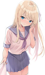  1other blonde_hair blue_eyes blue_sailor_collar blue_skirt blush bow breasts collarbone commentary_request female hairbow long_hair looking_at_viewer neckerchief nekokobushi original pleated_skirt purple_neckerchief sailor_collar school_uniform serafuku shirt shirt_tug simple_background skirt solo_focus white_background white_bow white_shirt 