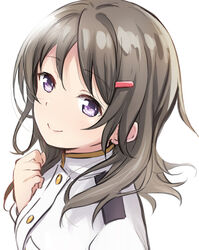  abe_kanari brown_hair china_moeka commentary_request female hair_ornament hairclip high_school_fleet looking_at_viewer medium_hair military military_uniform photoshop_(medium) purple_eyes simple_background smile solo uniform upper_body white_background 