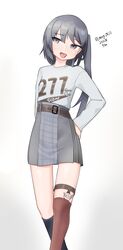  absurdres alternate_costume asymmetrical_legwear breasts character_name dated female grey_eyes grey_hair highres kantai_collection looking_at_viewer maru_(marg0613) medium_hair mismatched_legwear no_headgear official_alternate_costume one-hour_drawing_challenge scamp_(kancolle) simple_background small_breasts solo thighs tongue tongue_out twitter_username white_background 