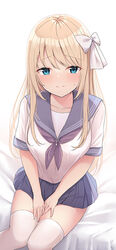  blonde_hair blue_eyes blue_sailor_collar blue_skirt blush bow breasts collarbone commentary_request female hairbow long_hair looking_at_viewer miniskirt neckerchief nekokobushi original pleated_skirt purple_neckerchief sailor_collar school_uniform serafuku shirt simple_background sitting skirt solo thighhighs white_background white_bow white_shirt white_thighhighs 