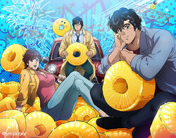  2boys absurdres belt bird black_footwear blue_background blue_jacket brown_belt brown_coat car city_hunter coat collarbone commentary_request crossed_legs crow female food fruit glasses hideyuki_makimura highres holding indian_style jacket makimura_kaori mini_cooper motor_vehicle multiple_boys necktie oversized_food oversized_object pineapple pineapple_slice pink_shirt pocket red_shirt saeba_ryou shirt short_hair sitting sitting_on_car too_many trench_coat white_shirt yellow_jacket yuu_(masarunomori) 