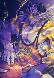  anthro backwards_hat ball basketball_(ball) canid canine canis claws clothing domestic_dog electricity hat headgear headwear lifewonders male mammal muscular muscular_anthro muscular_male nipples pecs q&#039;ursha_(tas) shirt solo tank_top tokyo_afterschool_summoners topwear zinpatink_m 