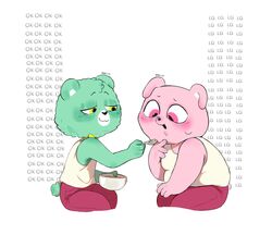  2023 absurd_res achuchones_(unicorn_wars) anthro bear blush bottomwear clothing duo food gordi_(unicorn_wars) green_body hi_res mammal nery_fn pants pink_body pink_eyes shirt sitting slightly_chubby topwear unicorn_wars 