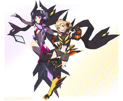  2girls absurdres black_hair black_shorts black_thighhighs blonde_hair breasts chuunioniika closed_mouth elbow_gloves full_body gloves green_eyes highres ignite_module kohinata_miku looking_at_viewer multiple_girls open_mouth senki_zesshou_symphogear senki_zesshou_symphogear_xd_unlimited shiny_skin short_hair shorts simple_background small_breasts smile tachibana_hibiki_(symphogear) thighhighs yellow_eyes 