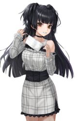  absurdres bare_shoulders black_hair blunt_bangs breasts brown_eyes commentary_request dress female frilled_dress frills grey_dress grin hands_up highres holding holding_mask idolmaster idolmaster_shiny_colors long_hair long_sleeves looking_at_viewer mask mayuzumi_fuyuko medium_breasts mouth_mask mugcup off-shoulder_dress off_shoulder plaid plaid_dress simple_background sleeves_past_wrists smile solo surgical_mask two_side_up unworn_mask very_long_hair white_background 