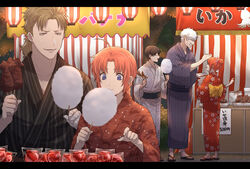  abuto black_hair blue_eyes candy_apple chop cotton_candy eating festival food food_stand gintama hair_bun highres japanese_clothes kagura_(gintama) kamui_(gintama) kimono lantern light_brown_hair market_stall orange_hair sakata_gintoki shimura_shinpachi single_hair_bun summer_festival tofu_(bean359) white_hair yukata 