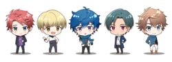  5boys argonavis_(band) bishounen blonde_hair blue_hair blush brown_hair chibi commentary_request dark-skinned_male dark_skin from_argonavis goryou_yuuto green_hair hand_on_own_hip kikyou_riou male_focus matoba_wataru mole mole_under_eye mugi_(iccomae) multiple_boys nanahoshi_ren red_hair scarf shadow shiroishi_banri simple_background turtleneck white_background 