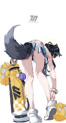  animal_ears bent_over black_hair blue_archive blue_skirt cheerleader dog_ears dog_girl dog_tail female from_behind halo hibiki_(blue_archive) hibiki_(cheer_squad)_(blue_archive) kumonji_aruto legs millennium_cheerleader_outfit_(blue_archive) official_alternate_costume pom_pom_(cheerleading) shoes simple_background skirt sneakers solo standing tail two-tone_skirt white_background white_footwear white_skirt 