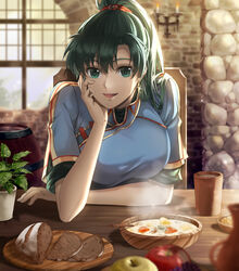  apple barrel bread breasts corn cup delsaber earrings eyebrows_hidden_by_hair female fire_emblem fire_emblem:_the_blazing_blade food fruit hand_on_own_cheek hand_on_own_face jewelry looking_at_viewer lyn_(fire_emblem) medium_breasts open_mouth plant ponytail pov_dating shiny sitting smile solo soup 