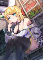  alley aqua_eyes arm_support bare_shoulders black_thighhighs blonde_hair bow breasts chain-link_fence checkered_shorts cheek_rest choker cleavage collar collarbone commentary dutch_angle ear_piercing earrings female fence graffiti hair_ornament hairbow hairclip highres jacket jewelry kagamine_rin ladder number_tattoo open_clothes open_jacket piercing short_hair shorts shoulder_tattoo sitting solo soramame_pikuto swept_bangs tattoo thighhighs vocaloid white_bow white_jacket yellow_nails 