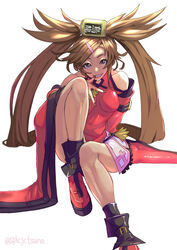  arm_support bare_legs bare_shoulders black_eyes breasts brown_hair china_dress chinese_clothes detached_sleeves dress female guilty_gear guilty_gear_xrd hair_ornament hairclip kuradoberi_jam long_hair looking_at_viewer medium_breasts nail_polish pink_nails simple_background sitting skirt smile solo teeth thighs tsuna_(akmu8832) wide_sleeves 