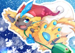  2019 ambiguous_gender black_body blue_eyes blue_pawpads blush christmas christmas_clothing christmas_headwear claws clothing detailed_background felid feline fluffy fur generation_7_pokemon hand_behind_head hat headgear headwear hi_res holidays kemono legendary_pokemon looking_at_viewer mammal nintendo one_eye_closed open_mouth outline pawpads pokemon pokemon_(species) popkage reaching_out santa_hat satchel smile smiling_at_viewer snow snowflake solo tuft white_claws white_outline wink yellow_body yellow_fur zeraora 