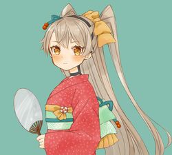  alternate_costume amatsukaze_(kancolle) bad_id bad_twitter_id black_hairband brown_eyes cocoperino commentary_request cowboy_shot female green_background grey_hair hairband hand_fan japanese_clothes kantai_collection kimono long_hair print_kimono red_kimono simple_background smile solo two_side_up yukata 