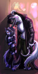  anthro canid canid_demon canine canis clothed clothing coy crossover death_(puss_in_boots) demon dreamworks duo eye_contact female flirtation flirting flirting_look fluffy hair hellhound helluva_boss hi_res long_hair looking_at_another loona_(helluva_boss) male male/female mammal puss_in_boots_(film) puss_in_boots_the_last_wish sickle simple_background size_difference standing ultimatellurker wall_(structure) wolf 