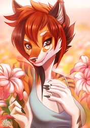  2021 5_fingers anthro breasts canid canine clothed clothing day detailed_background digital_media_(artwork) ear_piercing eyebrows eyelashes female fingers fox gaiawolfess industrial_piercing looking_at_viewer malakhael mammal outside piercing smile solo 