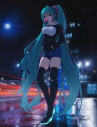  alternate_costume aqua_eyes aqua_hair artist_name backlighting black_footwear black_sweater blowing_bubbles blue_shorts blurry blurry_background boots bowlp breasts casual chewing_gum dated denim depth_of_field eyebrows_hidden_by_hair female framed_breasts full_body hands_in_pocket hatsune_miku headphones highres lamppost large_breasts long_hair long_sleeves looking_at_viewer motion_blur neon_trim night outdoors parted_lips road short_shorts shorts sidewalk solo standing street sweater thigh_boots thighhighs twintails very_long_hair vocaloid 