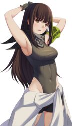  absurdres act_(xadachit) armband armpits arms_behind_head black_shorts breasts brown_eyes brown_hair clothes_around_waist covered_navel female girls&#039;_frontline gloves green_hair highres leotard leotard_sweater long_hair looking_at_viewer m4a1_(girls&#039;_frontline) mask multicolored_hair ribbed_leotard ribbed_sweater scarf shorts simple_background skull_mask solo streaked_hair sweater white_background 