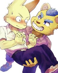  absurd_res anthro blue_eyes blue_hair blush carrying_another clothing duo embarrassed felid gabobon05 grin hair hi_res lagomorph leporid lion male male/male mammal pantherine rabbit school_uniform smile teeth uniform yellow_body young young_male 