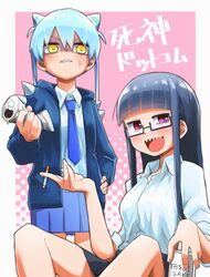  2girls black-framed_eyewear black_hair blue_hair blue_necktie blue_skirt blunt_bangs blush breasts cigarette death_merumeru glasses highres holding holding_cigarette long_hair looking_at_viewer medium_breasts multiple_girls necktie open_mouth parted_lips rectangular_eyewear red_eyes school_uniform semi-rimless_eyewear sharp_teeth shinigami_dot_com shirt skirt teeth toukyou_tama under-rim_eyewear upper_teeth_only white_shirt yachima_tana yellow_eyes 