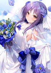  bare_shoulders blue_bow blue_flower blush bouquet bow bow_choker bra-ban! breasts bridal_veil brown_eyes choker cleavage closed_mouth commentary cowboy_shot dress elbow_gloves english_commentary female flower gloves hair_flower hair_ornament happy hecha_(01964237) highres holding holding_bouquet jewelry looking_at_viewer medium_breasts mikage_sumi necklace purple_hair short_hair_with_long_locks sideboob sidelocks skirt_hold sky sleeveless sleeveless_dress smile solo split_mouth veil waist_bow wedding_dress white_bow white_choker white_dress white_gloves 