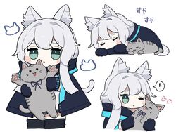  ! animal animal_ears arknights blush_stickers cat_ears cat_girl cat_tail chibi cloak closed_eyes commentary feline female green_eyes grey_hair highres hood hood_down hooded_cloak infection_monitor_(arknights) long_hair multiple_views neck_ribbon ribbon rosmontis_(arknights) sleeping someyaya spoken_exclamation_mark tail tongue tongue_out 