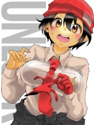  :o beanie black_hair blush breasts commentary_request copyright_name female gloves hair_between_eyes hat izumo_fuuko large_breasts long_sleeves necktie red_beanie red_gloves red_hat red_necktie sakakiryou shirt short_hair solo standing sweatdrop undead_unluck white_shirt 