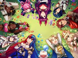  4boys 6+girls alcryst_(fire_emblem) alear_(female)_(fire_emblem) alear_(fire_emblem) alfred_(fire_emblem) bare_shoulders black_choker black_hair blonde_hair blue_eyes blue_hair braid breasts brown_eyes butterfly_hair_ornament celine_(fire_emblem) choker cleavage crossed_bangs crown crown_braid dark-skinned_female dark-skinned_male dark_skin detached_sleeves diamant_(fire_emblem) dress elbow_gloves feather_hair_ornament feathers fire_emblem fire_emblem_engage flower fogado_(fire_emblem) gloves green_eyes grey_hair hair_ornament hakuramen heterochromia highres hortensia_(fire_emblem) ivy_(fire_emblem) large_breasts long_hair looking_at_viewer medium_breasts multicolored_hair multiple_boys multiple_girls open_mouth parody petite ponytail princess purple_eyes purple_hair red_eyes red_hair short_hair siblings sisters small_breasts smile sommie_(fire_emblem) split-color_hair tiara timerra_(fire_emblem) tokyo_mirage_sessions_fe two-tone_hair upper_body very_dark_skin very_long_hair veyle_(fire_emblem) wavy_hair white_gloves 