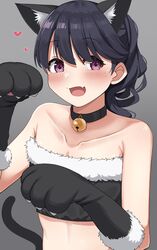  animal_ears animal_hands bell black_choker blue_hair blush breasts cat_ears cat_paws cat_tail choker cleavage collarbone commentary_request dark_blue_hair emu_1316 extra_ears female fukumaru_koito fur-trimmed_gloves fur-trimmed_tube_top fur_trim gloves heart highres idolmaster idolmaster_shiny_colors looking_at_viewer neck_bell oerba_yun_fang open_mouth paw_gloves ponytail simple_background skin_fang small_breasts smile solo strapless tail tube_top upper_body 