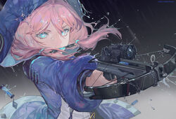  absurdres arknights bingansuan_jiamouren black_background blue_eyes blue_jacket blue_poison_(arknights) blue_poison_(elite_ii)_(arknights) crossbow dart duplicate female gradient_background highres holding holding_weapon hood hooded_jacket jacket long_hair looking_at_viewer photoshop_(medium) pink_hair pixel-perfect_duplicate rain short_twintails solo twintails upper_body water weapon 