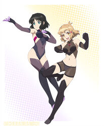  2girls absurdres bare_shoulders black_hair black_shorts black_thighhighs blonde_hair breasts chuunioniika closed_mouth covered_navel elbow_gloves full_body gloves green_eyes highres ignite_module kohinata_miku looking_at_viewer multiple_girls navel open_mouth senki_zesshou_symphogear senki_zesshou_symphogear_xd_unlimited shiny_skin short_hair shorts simple_background small_breasts smile tachibana_hibiki_(symphogear) thighhighs undersuit yellow_eyes 