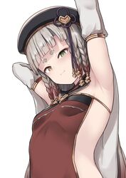  armpits arms_behind_head arms_up bare_shoulders beret black_hat braid breasts detached_sleeves dress erune eyeliner female granblue_fantasy green_eyes grey_hair hat heterochromia highres long_hair looking_at_viewer makeup multiple_braids nosuku pholia quad_braids red_dress short_eyebrows side_braids sideless_outfit small_breasts smile solo very_long_hair wide_sleeves yellow_eyes 