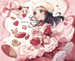  :d alcremie alcremie_(strawberry_sweet) apron black_hair blush coco7 commentary_request dawn_(palentine&#039;s_2021)_(pokemon) dawn_(pokemon) ditto dress eyelashes female frills grey_eyes hair_ornament hairclip hat heart holding long_hair mittens official_alternate_costume open_mouth oven_mitts pikachu pink_ribbon pokemon pokemon_(creature) pokemon_masters_ex red_dress red_mittens ribbon short_sleeves smile tongue valentine 