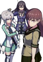  3girls absurdres ahoge akitsushima_(kancolle) ashigara_(kancolle) ashigara_kai_ni_(kancolle) black_neckerchief brown_eyes brown_hair commentary_request cover cowboy_shot elbow_gloves gloves green_sailor_collar green_serafuku green_shirt green_skirt grey_hair hair_ornament hair_ribbon hairband hat highres jacket kantai_collection karasuma_kuraha long_hair military military_uniform mini_hat multiple_girls neckerchief ooi_(kancolle) pantyhose pleated_skirt purple_eyes purple_shirt ribbon sailor_collar school_uniform serafuku shirt side_ponytail sidelocks skirt standing thighhighs translation_request uniform white_background 