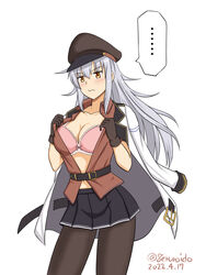  ... black_gloves black_hat black_pantyhose black_skirt bra breasts commentary_request contrapposto cowboy_shot dated female gangut_(kancolle) gangut_dva_(kancolle) geru gloves grey_hair hat kantai_collection large_breasts long_hair one-hour_drawing_challenge open_clothes pantyhose peaked_cap pink_bra red_eyes red_shirt shirt short_sleeves simple_background skirt solo spoken_ellipsis twitter_username underwear white_background 