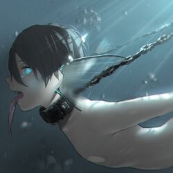  1boy air_bubble animal_ears black_hair blue_eyes blurry bubble chain_leash chains collar depth_of_field fins free! glowing glowing_eyes hana_(dqkmb362) head_fins leash long_tongue looking_at_viewer male_focus merman monster_boy monsterification nanase_haruka_(free!) nude open_mouth outstretched_arms profile restrained sharp_teeth short_hair sideways_glance solo spread_arms submerged teeth tongue tongue_out underwater upper_body webbed_hands 