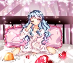  ;&lt; artist_name bed beyblade beyblade:_burst blue_hair character_name closed_mouth female food heart kymhotii legs long_hair nishiro_nya original pillow pudding purple_eyes self-upload shirt sitting white_shirt 