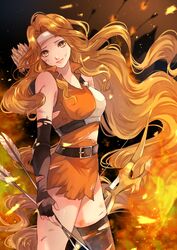  absurdly_long_hair absurdres arrow_(projectile) belt blonde_hair bow_(weapon) brigid_(fire_emblem) buckle closed_mouth commission commissioner_upload damaged dress female fingerless_gloves fire fire_emblem fire_emblem:_genealogy_of_the_holy_war gloves headband highres holding holding_weapon injury long_hair looking_at_viewer muneate single_thighhigh sleeveless sleeveless_dress solo thighhighs torn_clothes torn_dress very_long_hair wawatiku weapon yellow_eyes yewfelle_(fire_emblem) 