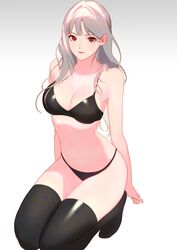  bikini black_bikini black_thighhighs breasts cleavage female gradient_background grey_background grey_hair highres korean_commentary long_hair medium_breasts original red_eyes solo squatting swimsuit takssmask thighhighs white_background 