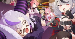  5girls absurdres animal_ear_fluff animal_ears antenna_hair aqua_eyes bad_kim bird black_choker black_gloves black_hair black_hairband black_thighhighs blonde_hair blue_eyes blush breasts brick_wall camisole caution_tape chest_belt chest_sarashi choker cleavage commentary_request couch demon_horns drawing_on_another&#039;s_face drooling earrings facepaint fingerless_gloves fingernails ganmo_(takane_lui) gloves grey_hair hair_between_eyes hair_ornament hair_tie_in_mouth hair_wings hairband hakui_koyori hakui_koyori_(1st_costume) hand_to_own_mouth head_rest highres holding holding_marker holding_pen holding_phone hololive holox horns japanese_clothes jewelry kazama_iroha kazama_iroha_(1st_costume) la+_darknesss la+_darknesss_(1st_costume) large_breasts leaf_hair_ornament light_purple_hair long_hair looking_at_viewer lying marker medium_breasts mouth_hold multicolored_hair multiple_girls necktie oerba_yun_fang on_couch on_side open_mouth owl pen phone pink_hair pink_nails pink_necktie pointy_ears prank purple_hair red_eyes red_nails sakamata_chloe sakamata_chloe_(1st_costume) saliva sarashi short_hair skin_fang sleeping streaked_hair takane_lui takane_lui_(1st_costume) taking_picture tears thighhighs tie_clip torn_clothes torn_thighhighs tsukune_(takane_lui) tsumire_(takane_lui) tying_hair virtual_youtuber white_camisole wolf_ears wolf_girl x_hair_ornament 