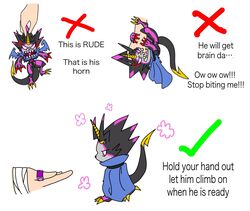  angry anthro bandage bandai_namco belt bite cape claws clothing digimon digimon_(species) digimon_ghost_game english_text finger_bite finger_in_mouth glowing glowing_eyes gulusgammamon hi_res horn how-to human humor jay_adorkable male mammal micro sharp_teeth teeth text this_is_rude 