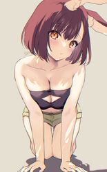  all_fours animal_ear_fluff animal_ears bare_arms bare_shoulders blush breasts brown_hair calm_mashiro cleavage cleavage_cutout clothing_cutout collarbone female foreshortening green_shorts grey_background hound_(sekaiju) hound_2_(sekaiju) large_breasts looking_at_viewer medium_breasts orange_eyes parted_lips rabbit_ears sekaiju_no_meikyuu sekaiju_no_meikyuu_5 short_hair short_shorts shorts sign simple_background solo strapless tube_top 