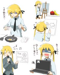  ? apple banana black_necktie black_ribbon blonde_hair blue_eyes closed_eyes collared_shirt computer easel egg egg_(food) female food fruit frying_pan hair_ribbon highres holding holding_laptop karaoke kill_me_baby laptop long_hair long_sleeves looking_away music necktie painting_(action) ribbon school_uniform shirt singing sonya_(kill_me_baby) spatula translation_request twintails white_shirt yachima_tana 