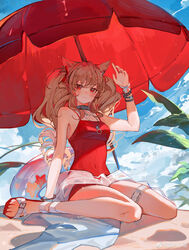  absurdres angelina_(arknights) angelina_(summer_flower)_(arknights) animal_ears arknights bare_shoulders beach benyue_xiao_kui bridal_garter brown_hair casual_one-piece_swimsuit cat_ears chain_necklace chains chinese_commentary choker cloud commentary_request covered_navel curly_hair day drill_hair female full_body hair_intakes hair_ribbon hand_up highres infection_monitor_(arknights) innertube jewelry leaf long_hair looking_at_viewer necklace official_alternate_costume one-piece_swimsuit outdoors parasol red_eyes red_one-piece_swimsuit ribbon ring sand sandals sidelocks sitting sky solo swim_ring swimsuit twin_drills twintails umbrella wariza wristband 