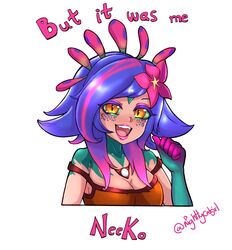  absurd_res breasts cleavage clothed clothing english_text female flower gesture green_sclera hand_gesture heart_font heart_font_signature heart_in_signature heart_symbol hi_res it_was_me_dio jojo&#039;s_bizarre_adventure jojo_quote league_of_legends makeup meme neeko_(lol) nightlycatgirl not_furry plant pointing pointing_at_self riot_games signature smile solo tencent text yellow_eyes 