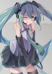  aqua_hair aqua_necktie bare_shoulders black_skirt black_sleeves black_thighhighs blue_eyes blush breast_pocket breasts breath collarbone collared_shirt commentary cowboy_shot detached_sleeves embarrassed female grey_background grey_shirt hair_ornament half-closed_eye hatsune_miku have_to_pee headphones highres long_hair long_sleeves miniskirt necktie nose_blush one_eye_closed open_mouth pleated_skirt pocket shirt sidelocks skirt sleeveless sleeveless_shirt small_breasts solo standing tears textless_version thighhighs twintails urine_meter v_arms very_long_hair vocaloid watakarashi wince zettai_ryouiki 