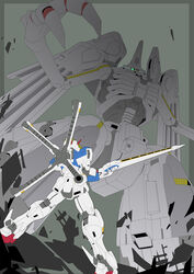  crossbone_gundam crossbone_gundam_x-3 divinidad fighting glowing glowing_eye green_eyes gundam heterochromia highres holding holding_sword holding_weapon looking_up mecha mechanical_wings mobile_armor mobile_suit no_humans open_hand robot science_fiction size_difference sword thrusters unfinished v-fin weapon wings yellow_eyes zb_(dawn-blue) 