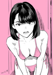  annoyed bikini breasts cleavage commentary_request eyebrows female hair_behind_ear hands_on_own_knees highres leaning_forward looking_at_viewer medium_hair monochrome open_mouth original pink_background pink_bikini simple_background solo standing swept_bangs swimsuit teeth v-shaped_eyebrows yukiyoshi_mamizu 