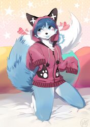  2016 ambiguous_gender anthro aurora_(auroralights) barefoot bed big_tail black_nose blep blue_body blue_eyes blue_fur blue_hair blue_tongue blush bottomless canid canine cheek_tuft chest_tuft clothed clothing facial_tuft fangs feet femboy fluffy fluffy_tail fox fur furniture hair heart_symbol hi_res hoodie hoodie_only kneeling mammal multicolored_body multicolored_fur red_clothing smile solo sweater sweater_only tail teeth tongue tongue_out topwear topwear_only tuft two_tone_body two_tone_fur white_body white_fur zuekrz 