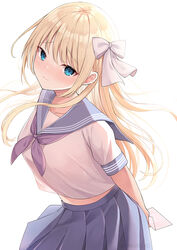  blonde_hair blue_eyes blue_sailor_collar blue_skirt blush bow breasts collarbone commentary female hairbow holding holding_letter letter long_hair looking_at_viewer midriff midriff_peek neckerchief nekokobushi original pleated_skirt purple_neckerchief sailor_collar school_uniform serafuku shirt simple_background skirt solo twitter_username white_background white_bow white_shirt 